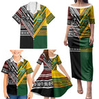 Custom Rugby New Zealand and Australia Family Matching Puletasi and Hawaiian Shirt Burgundy Koru Geometric with Aboriginal Chevron Sport Style