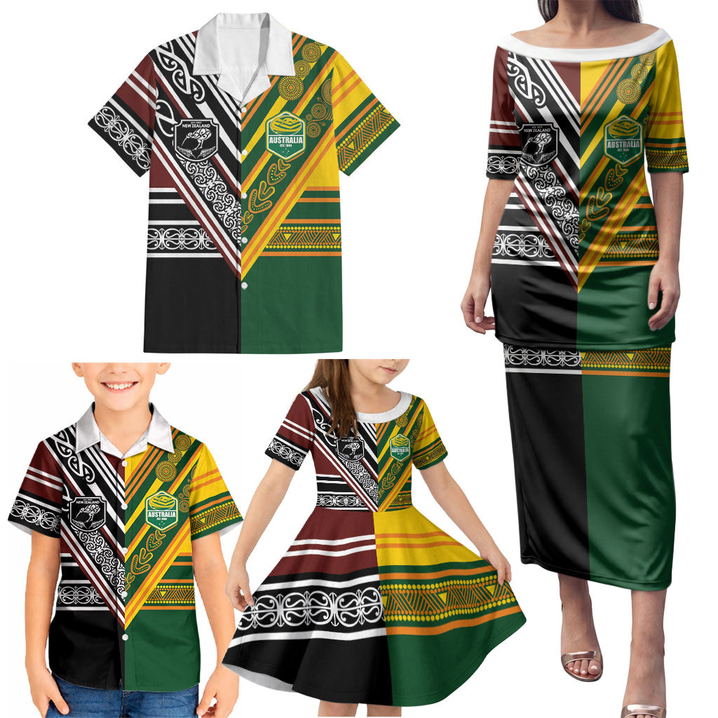 Custom Rugby New Zealand and Australia Family Matching Puletasi and Hawaiian Shirt Burgundy Koru Geometric with Aboriginal Chevron Sport Style