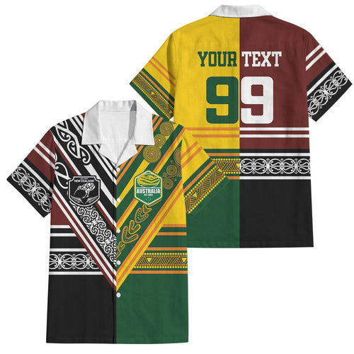 Custom Rugby New Zealand and Australia Family Matching Puletasi and Hawaiian Shirt Burgundy Koru Geometric with Aboriginal Chevron Sport Style