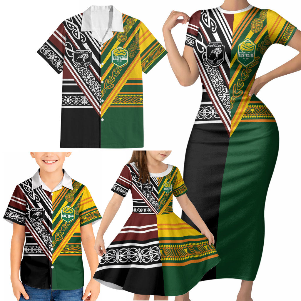 Custom Rugby New Zealand and Australia Family Matching Short Sleeve Bodycon Dress and Hawaiian Shirt Burgundy Koru Geometric with Aboriginal Chevron Sport Style