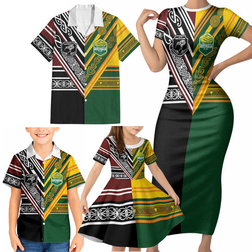 Custom Rugby New Zealand and Australia Family Matching Short Sleeve Bodycon Dress and Hawaiian Shirt Burgundy Koru Geometric with Aboriginal Chevron Sport Style
