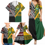Custom Rugby New Zealand and Australia Family Matching Summer Maxi Dress and Hawaiian Shirt Burgundy Koru Geometric with Aboriginal Chevron Sport Style