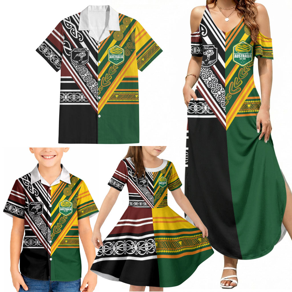 Custom Rugby New Zealand and Australia Family Matching Summer Maxi Dress and Hawaiian Shirt Burgundy Koru Geometric with Aboriginal Chevron Sport Style