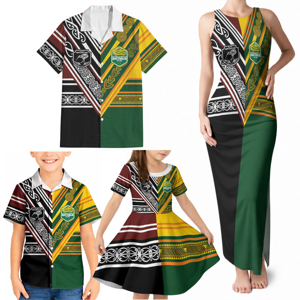 Custom Rugby New Zealand and Australia Family Matching Tank Maxi Dress and Hawaiian Shirt Burgundy Koru Geometric with Aboriginal Chevron Sport Style