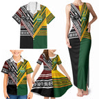 Custom Rugby New Zealand and Australia Family Matching Tank Maxi Dress and Hawaiian Shirt Burgundy Koru Geometric with Aboriginal Chevron Sport Style
