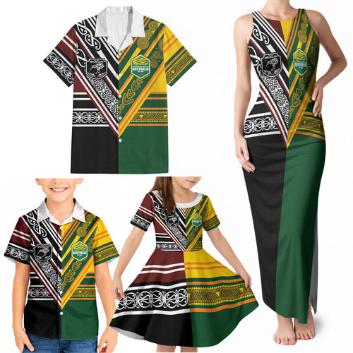 Custom Rugby New Zealand and Australia Family Matching Tank Maxi Dress and Hawaiian Shirt Burgundy Koru Geometric with Aboriginal Chevron Sport Style