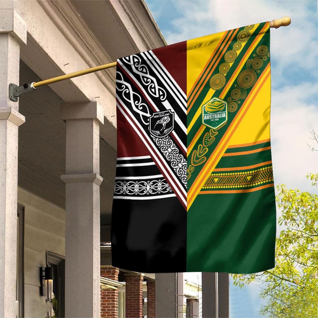 Rugby New Zealand and Australia Garden Flag Burgundy Koru Geometric with Aboriginal Chevron Sport Style