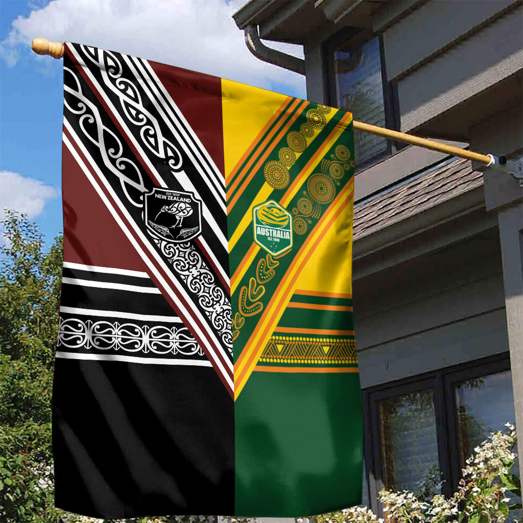 Rugby New Zealand and Australia Garden Flag Burgundy Koru Geometric with Aboriginal Chevron Sport Style