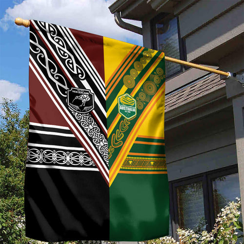 Rugby New Zealand and Australia Garden Flag Burgundy Koru Geometric with Aboriginal Chevron Sport Style