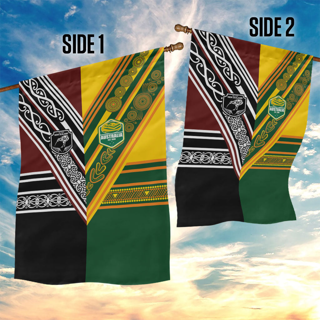 Rugby New Zealand and Australia Garden Flag Burgundy Koru Geometric with Aboriginal Chevron Sport Style