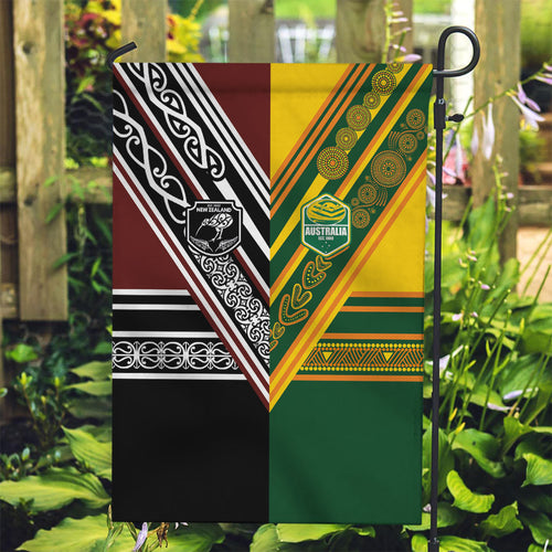 Rugby New Zealand and Australia Garden Flag Burgundy Koru Geometric with Aboriginal Chevron Sport Style
