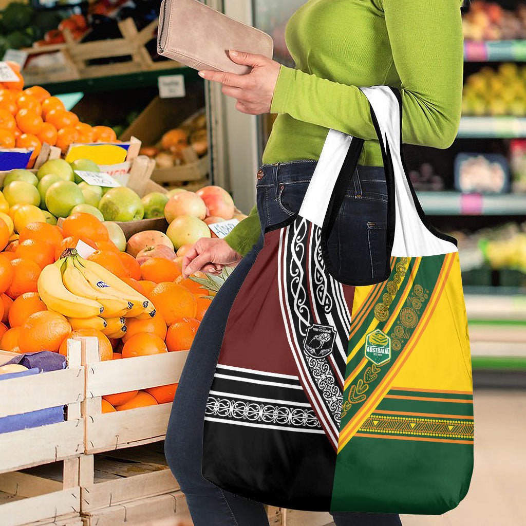 Rugby New Zealand and Australia Grocery Bag Burgundy Koru Geometric with Aboriginal Chevron Sport Style