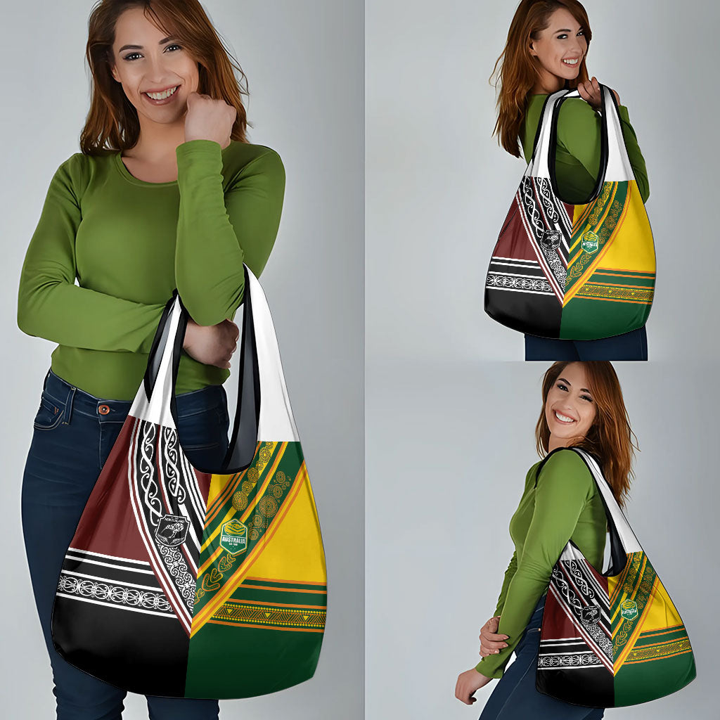 Rugby New Zealand and Australia Grocery Bag Burgundy Koru Geometric with Aboriginal Chevron Sport Style