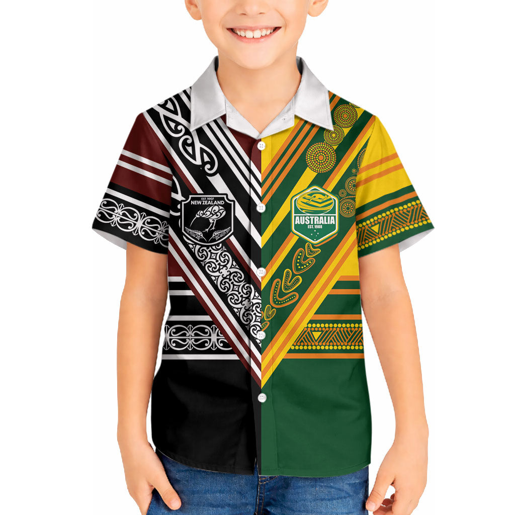 Custom Rugby New Zealand and Australia Hawaiian Shirt Burgundy Koru Geometric with Aboriginal Chevron Sport Style