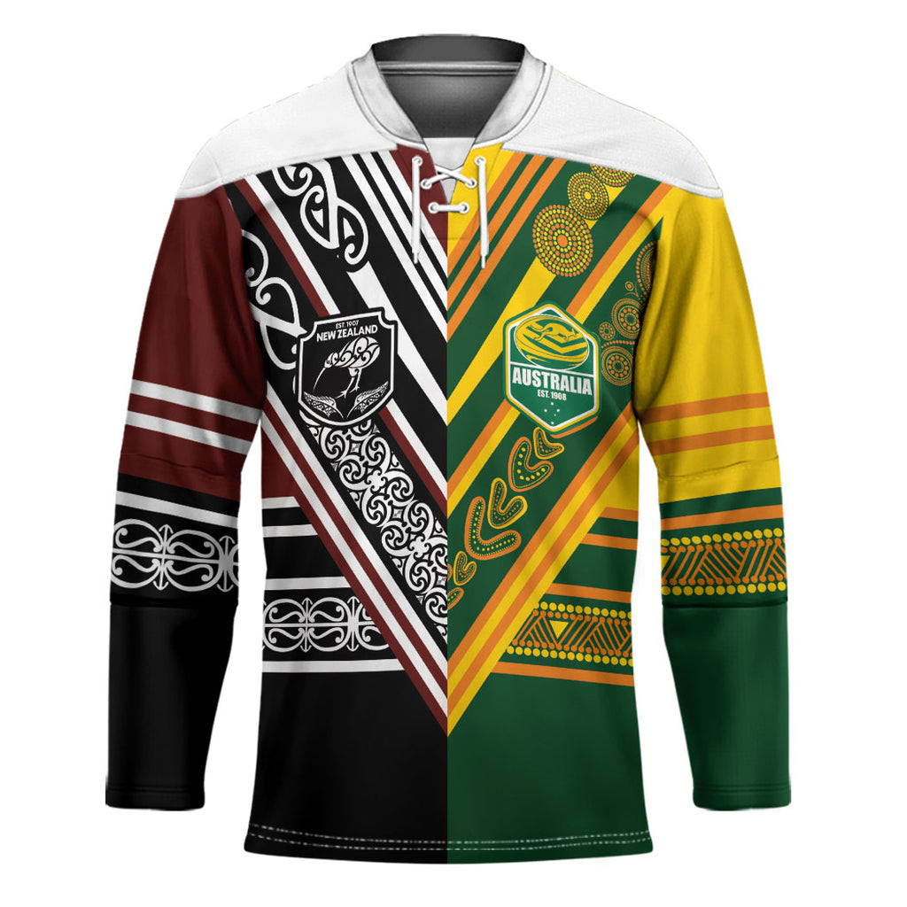 Custom Rugby New Zealand and Australia Hockey Jersey Burgundy Koru Geometric with Aboriginal Chevron Sport Style