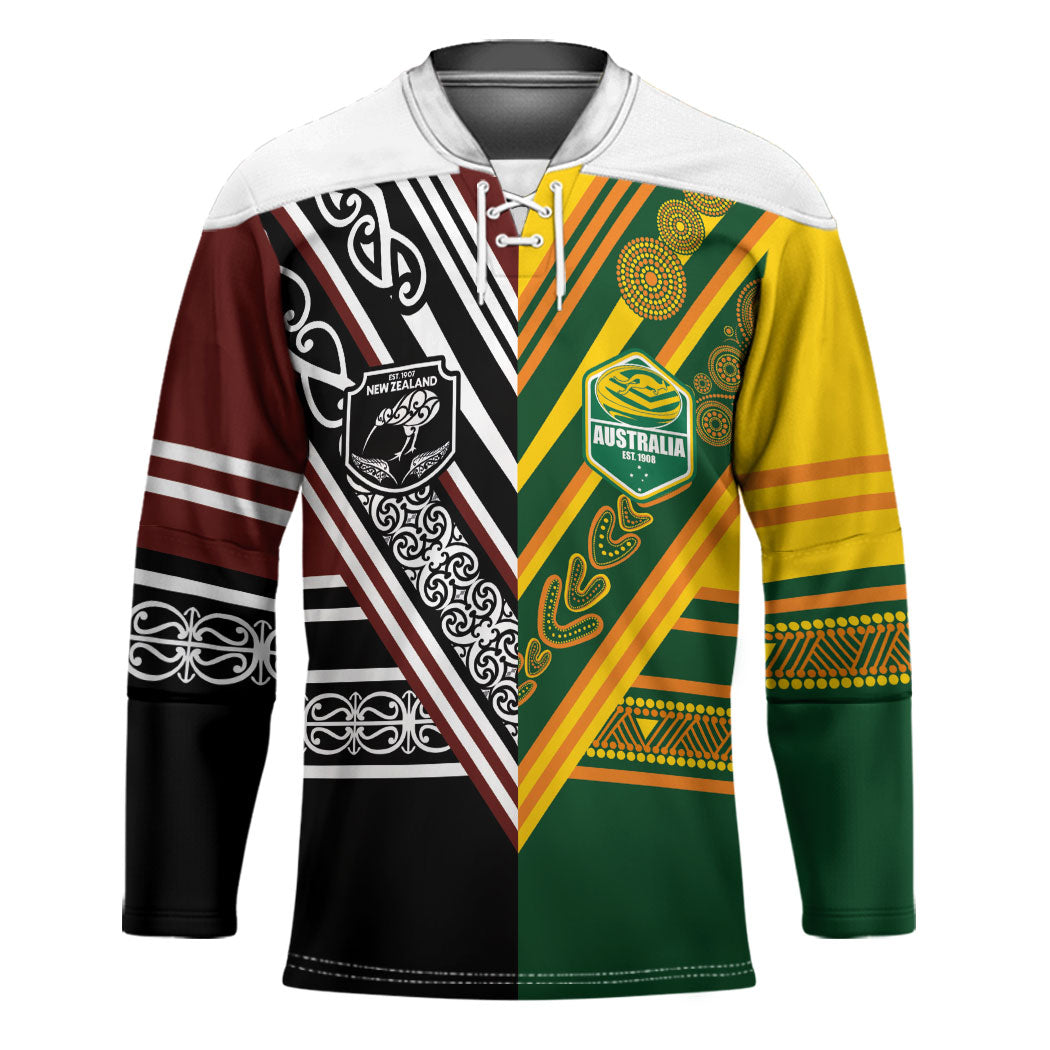 Custom Rugby New Zealand and Australia Hockey Jersey Burgundy Koru Geometric with Aboriginal Chevron Sport Style