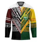 Custom Rugby New Zealand and Australia Hockey Jersey Burgundy Koru Geometric with Aboriginal Chevron Sport Style