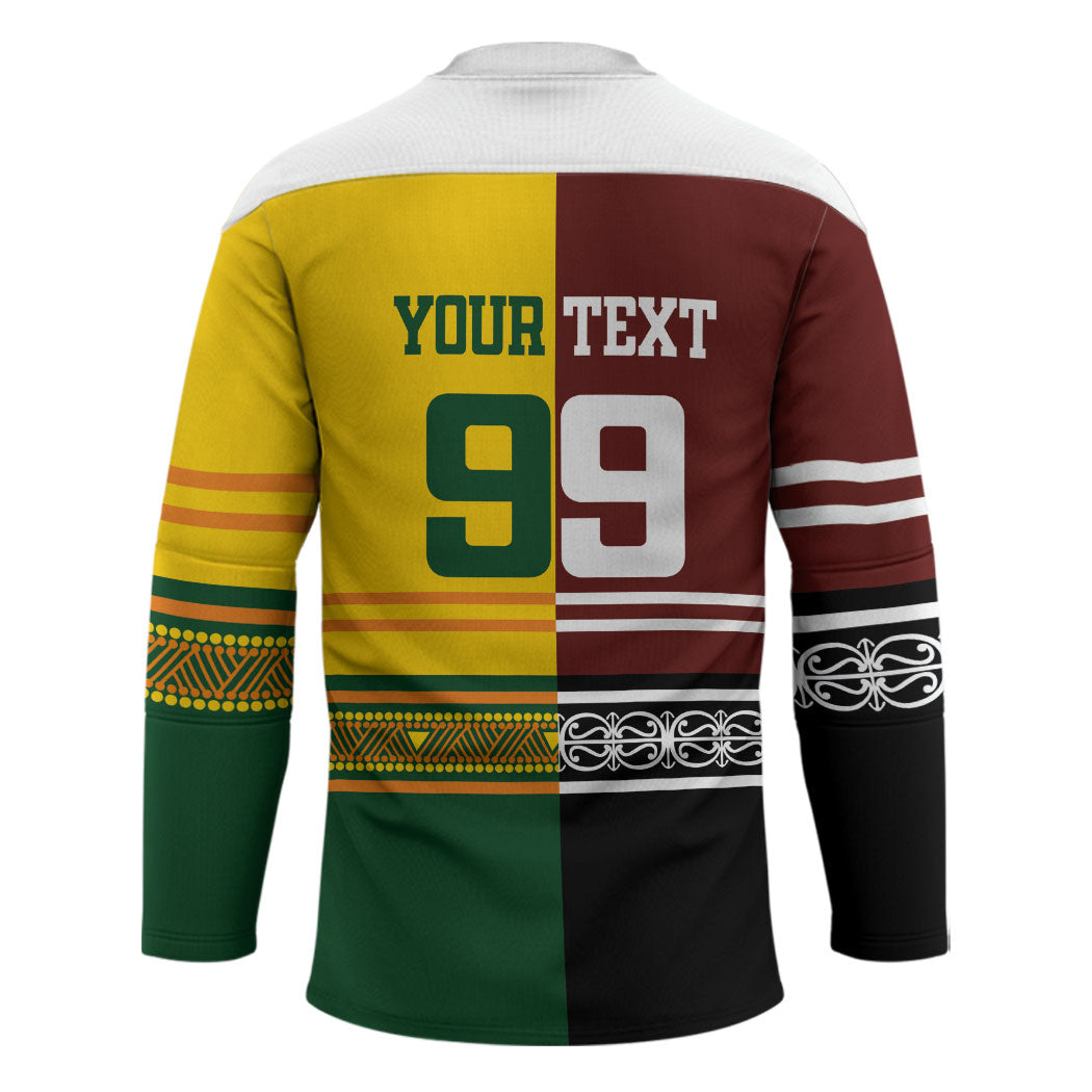 Custom Rugby New Zealand and Australia Hockey Jersey Burgundy Koru Geometric with Aboriginal Chevron Sport Style
