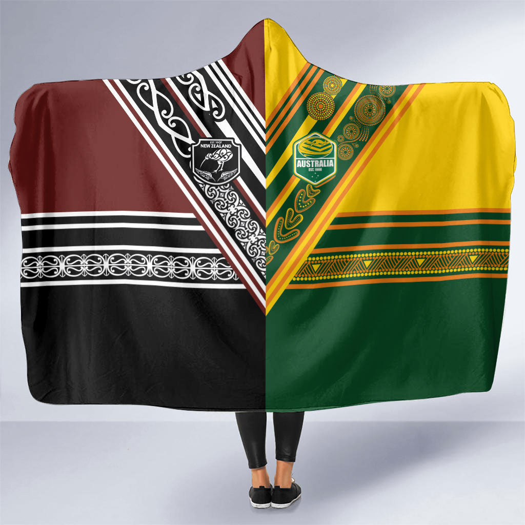 Rugby New Zealand and Australia Hooded Blanket Burgundy Koru Geometric with Aboriginal Chevron Sport Style