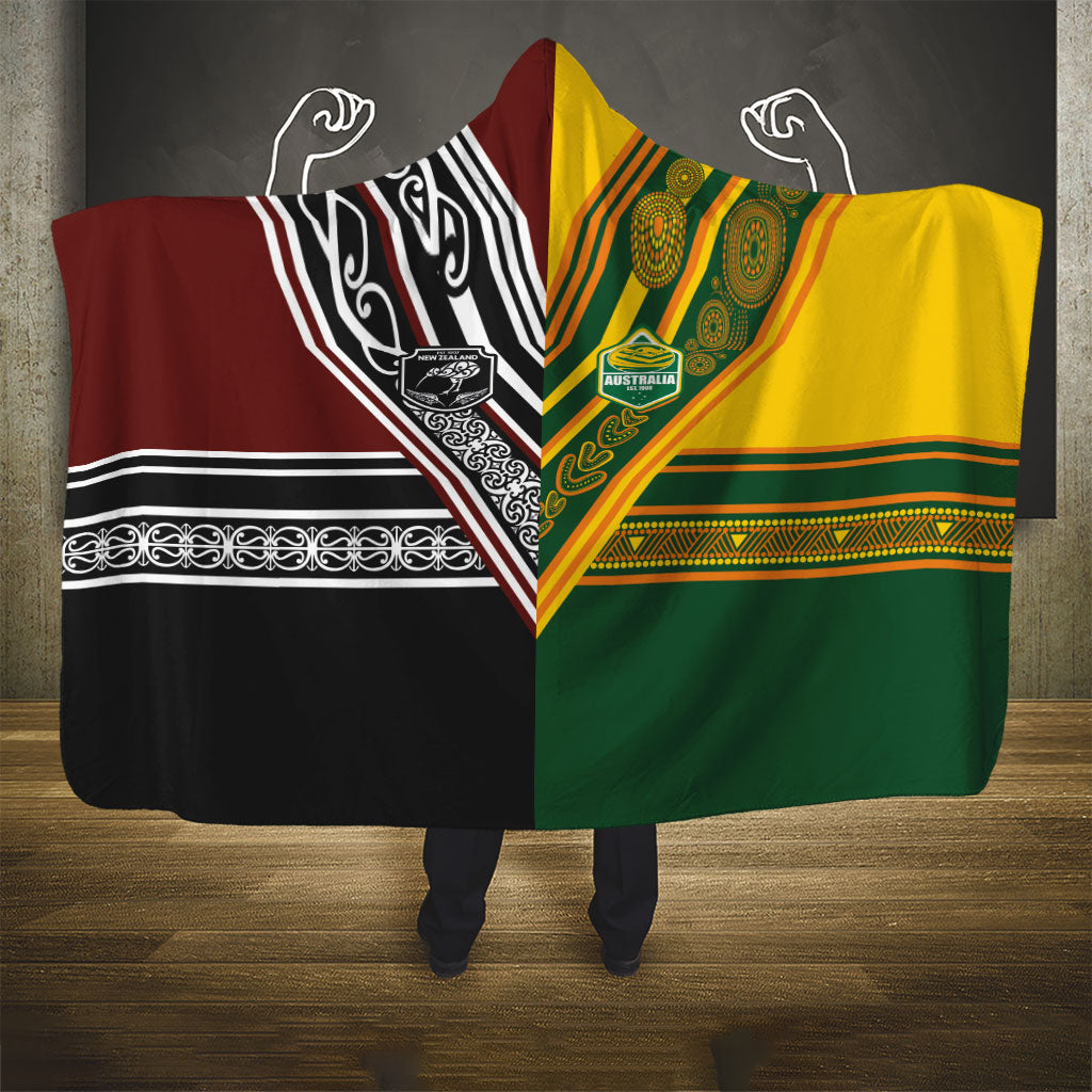 Rugby New Zealand and Australia Hooded Blanket Burgundy Koru Geometric with Aboriginal Chevron Sport Style