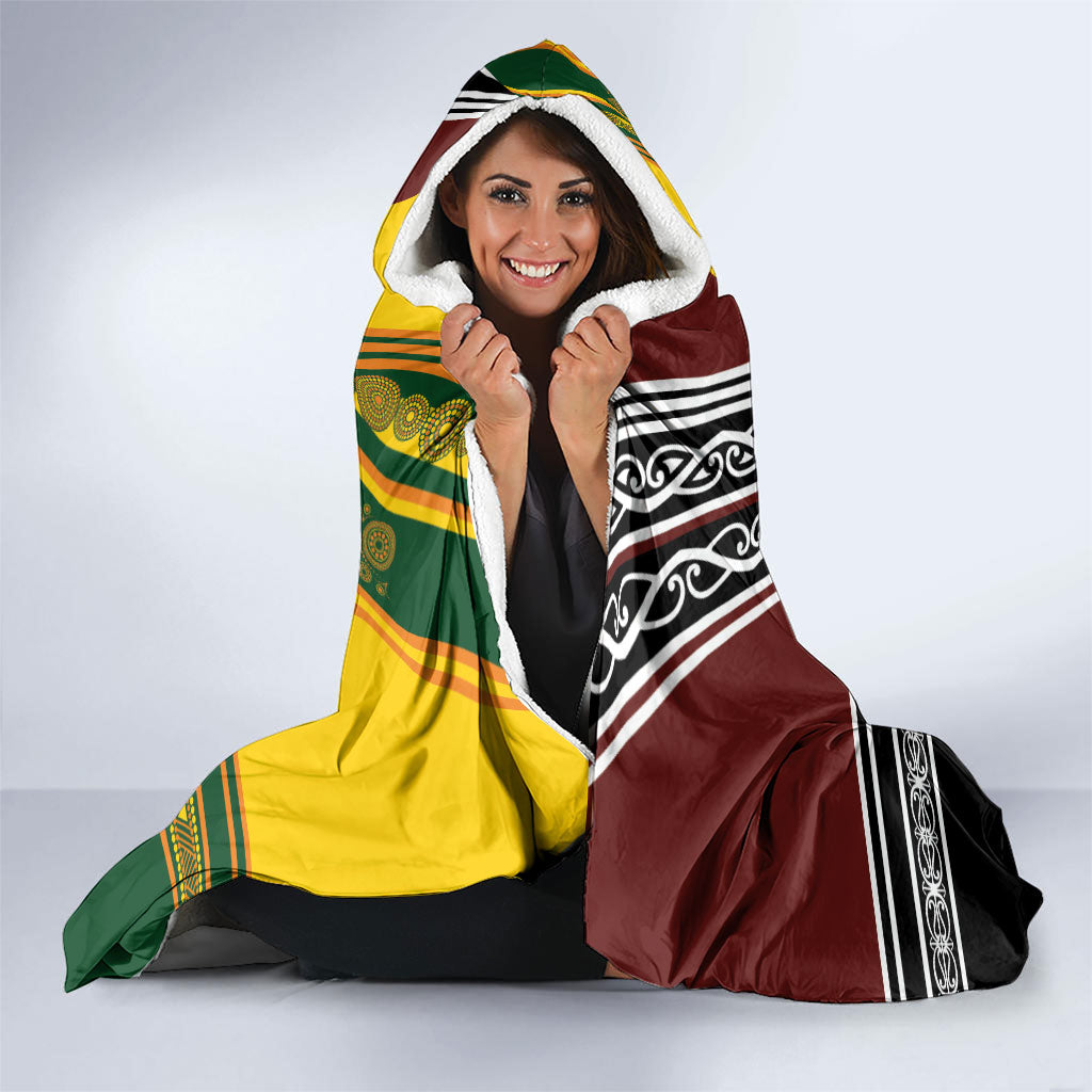 Rugby New Zealand and Australia Hooded Blanket Burgundy Koru Geometric with Aboriginal Chevron Sport Style