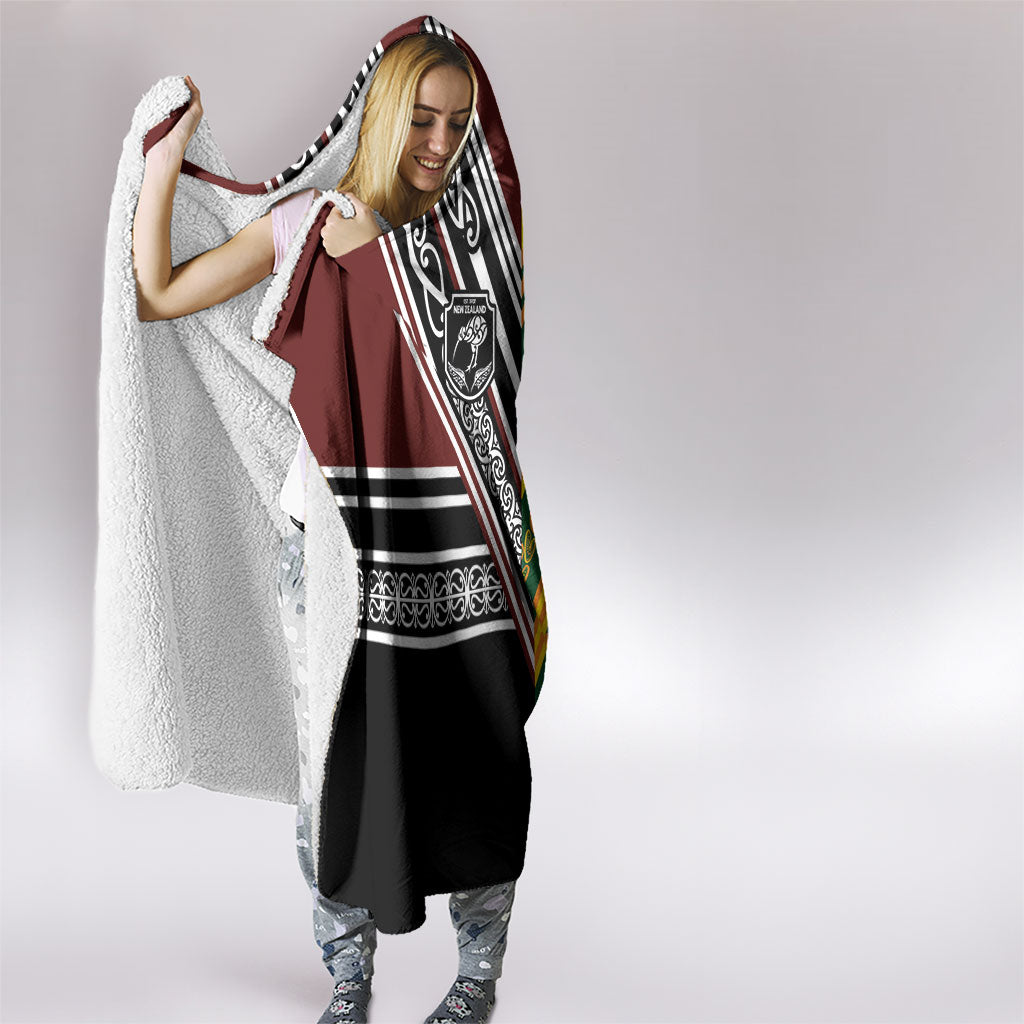 Rugby New Zealand and Australia Hooded Blanket Burgundy Koru Geometric with Aboriginal Chevron Sport Style