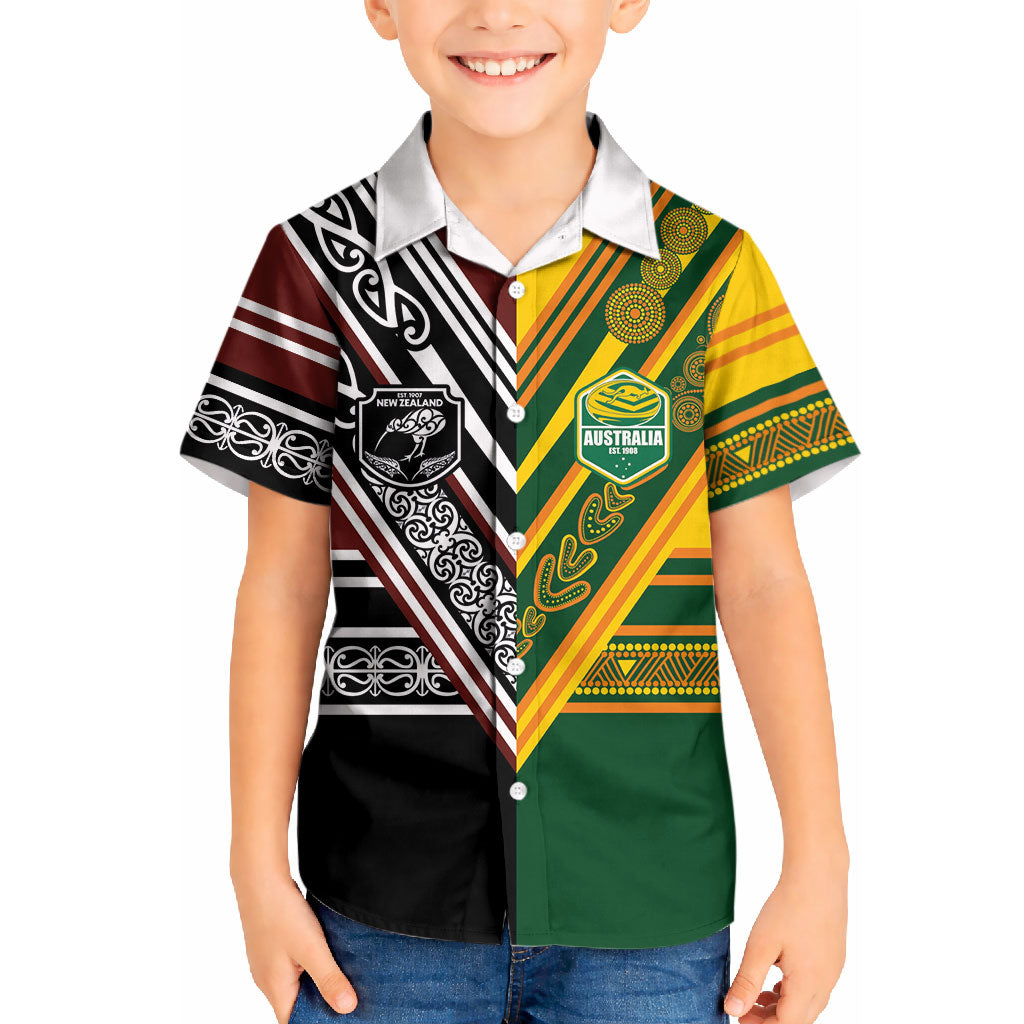 Custom Rugby New Zealand and Australia Kid Hawaiian Shirt Burgundy Koru Geometric with Aboriginal Chevron Sport Style