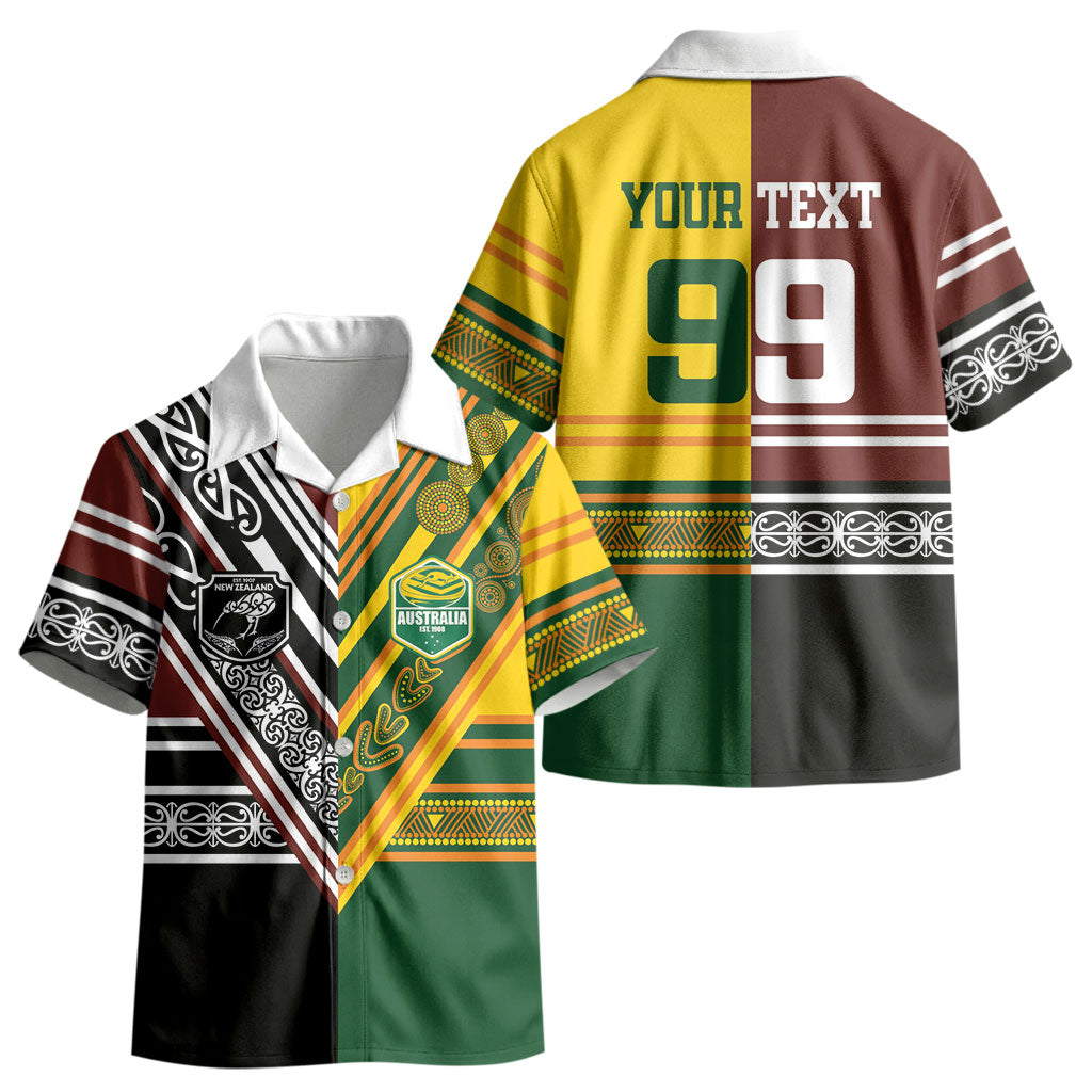 Custom Rugby New Zealand and Australia Kid Hawaiian Shirt Burgundy Koru Geometric with Aboriginal Chevron Sport Style