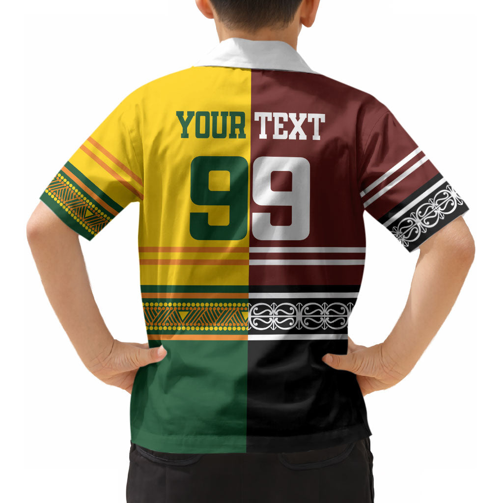 Custom Rugby New Zealand and Australia Kid Hawaiian Shirt Burgundy Koru Geometric with Aboriginal Chevron Sport Style