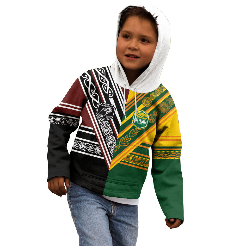 Custom Rugby New Zealand and Australia Kid Hoodie Burgundy Koru Geometric with Aboriginal Chevron Sport Style