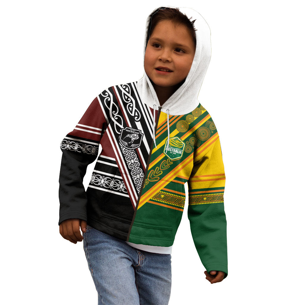 Custom Rugby New Zealand and Australia Kid Hoodie Burgundy Koru Geometric with Aboriginal Chevron Sport Style