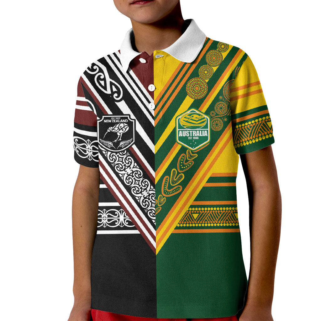 Custom Rugby New Zealand and Australia Kid Polo Shirt Burgundy Koru Geometric with Aboriginal Chevron Sport Style