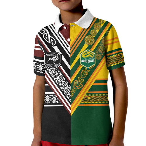 Custom Rugby New Zealand and Australia Kid Polo Shirt Burgundy Koru Geometric with Aboriginal Chevron Sport Style