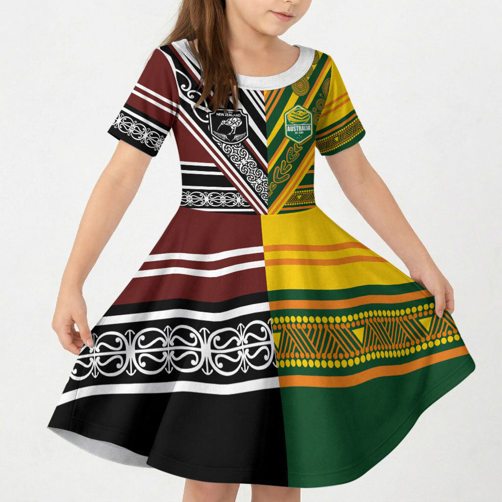 Custom Rugby New Zealand and Australia Kid Short Sleeve Dress Burgundy Koru Geometric with Aboriginal Chevron Sport Style