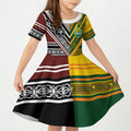 Custom Rugby New Zealand and Australia Kid Short Sleeve Dress Burgundy Koru Geometric with Aboriginal Chevron Sport Style