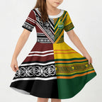 Custom Rugby New Zealand and Australia Kid Short Sleeve Dress Burgundy Koru Geometric with Aboriginal Chevron Sport Style