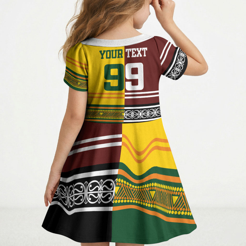 Custom Rugby New Zealand and Australia Kid Short Sleeve Dress Burgundy Koru Geometric with Aboriginal Chevron Sport Style