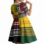 Custom Rugby New Zealand and Australia Kid Short Sleeve Dress Burgundy Koru Geometric with Aboriginal Chevron Sport Style