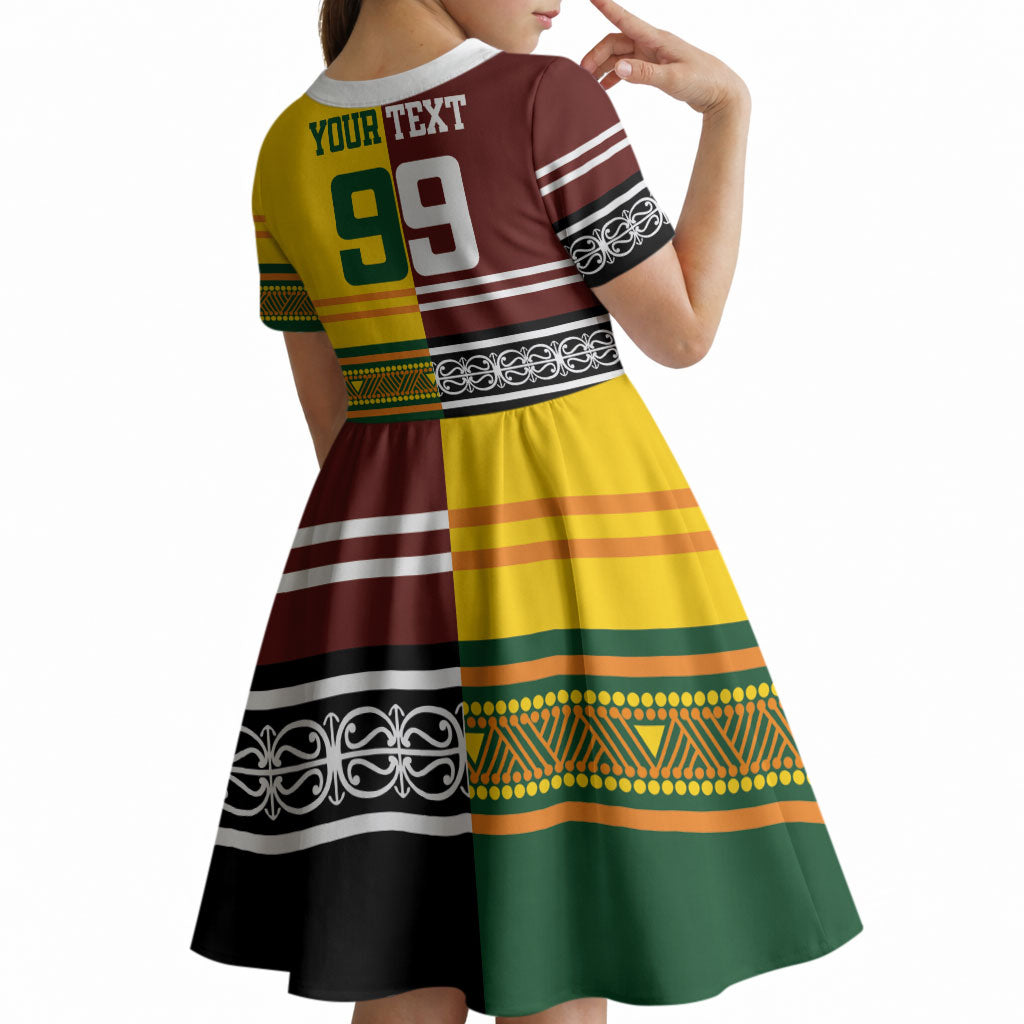 Custom Rugby New Zealand and Australia Kid Short Sleeve Dress Burgundy Koru Geometric with Aboriginal Chevron Sport Style