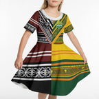 Custom Rugby New Zealand and Australia Kid Short Sleeve Dress Burgundy Koru Geometric with Aboriginal Chevron Sport Style