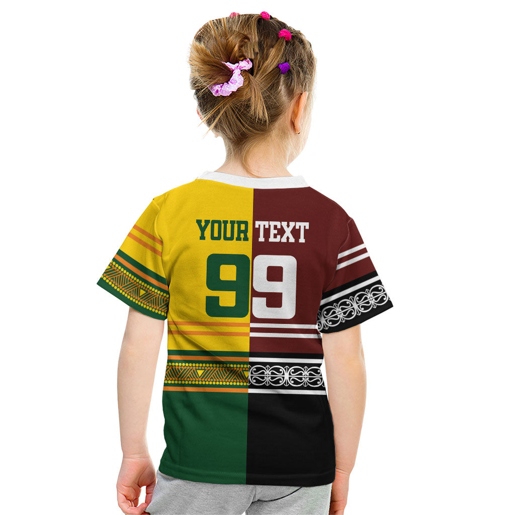 Custom Rugby New Zealand and Australia Kid T Shirt Burgundy Koru Geometric with Aboriginal Chevron Sport Style