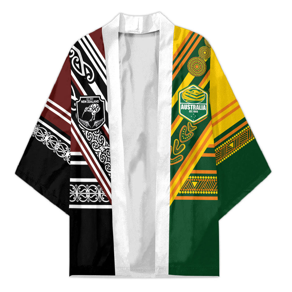 Custom Rugby New Zealand and Australia Kimono Burgundy Koru Geometric with Aboriginal Chevron Sport Style