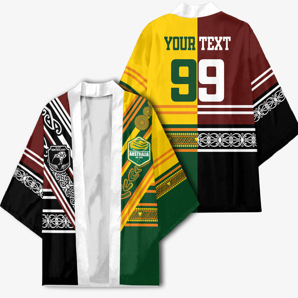 Custom Rugby New Zealand and Australia Kimono Burgundy Koru Geometric with Aboriginal Chevron Sport Style