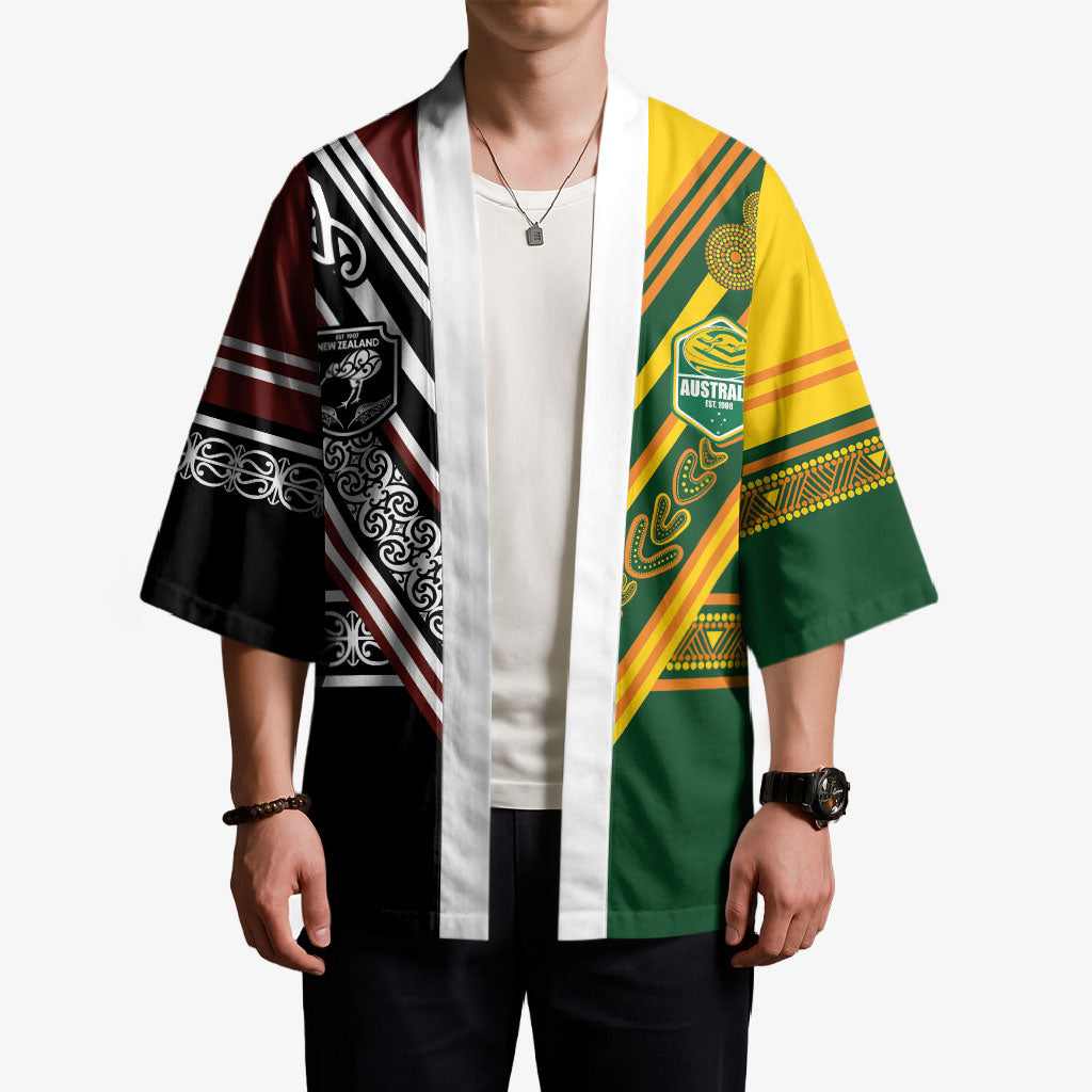 Custom Rugby New Zealand and Australia Kimono Burgundy Koru Geometric with Aboriginal Chevron Sport Style