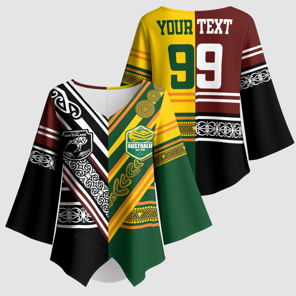 Custom Rugby New Zealand and Australia Kimono Sleeve Blouse Burgundy Koru Geometric with Aboriginal Chevron Sport Style