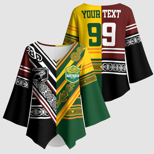 Custom Rugby New Zealand and Australia Kimono Sleeve Blouse Burgundy Koru Geometric with Aboriginal Chevron Sport Style