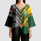 Custom Rugby New Zealand and Australia Kimono Sleeve Blouse Burgundy Koru Geometric with Aboriginal Chevron Sport Style