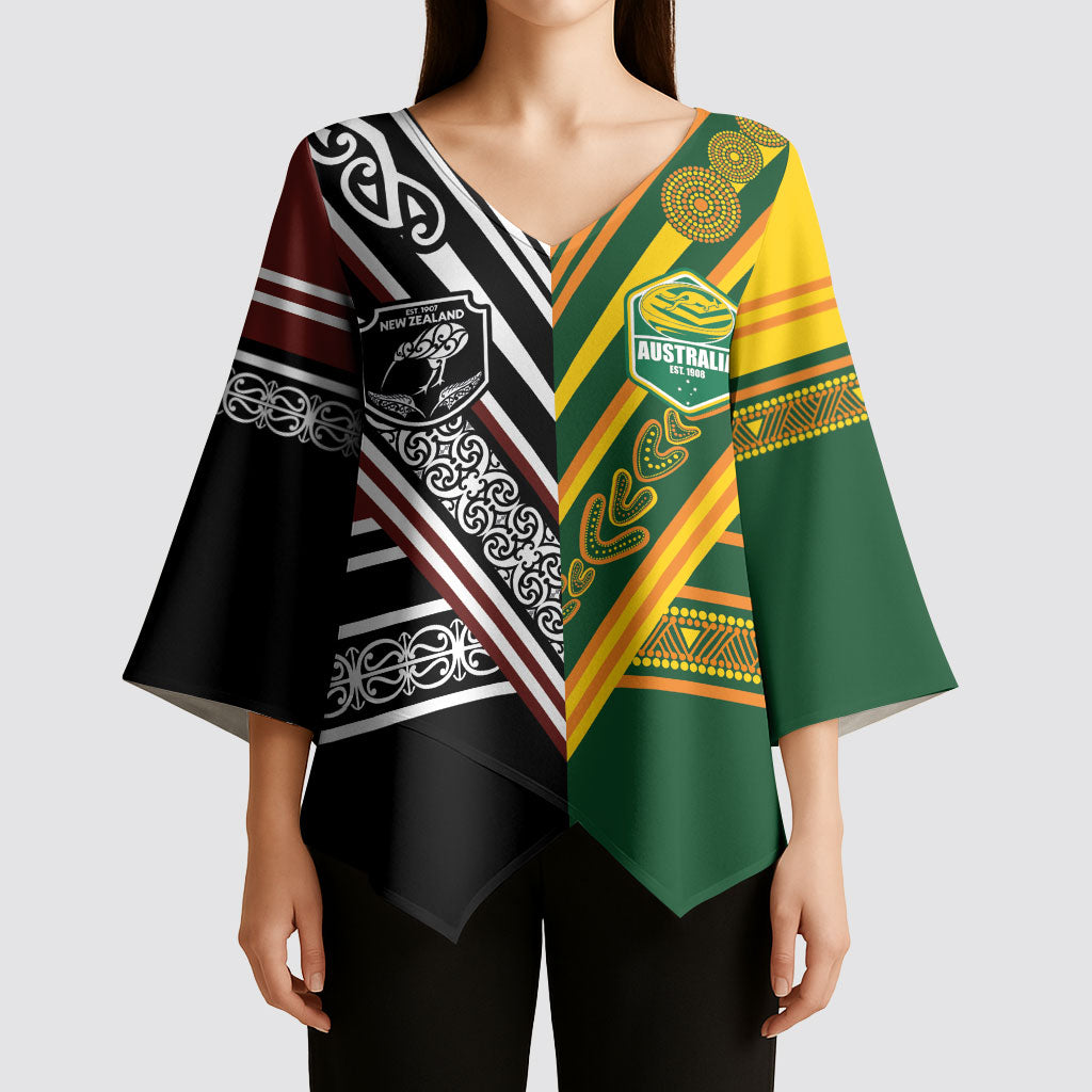 Custom Rugby New Zealand and Australia Kimono Sleeve Blouse Burgundy Koru Geometric with Aboriginal Chevron Sport Style