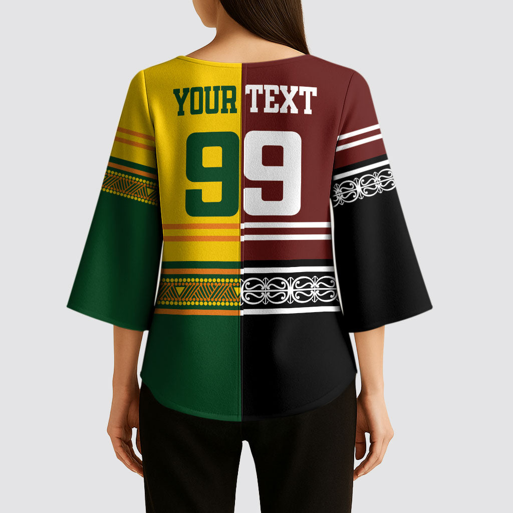 Custom Rugby New Zealand and Australia Kimono Sleeve Blouse Burgundy Koru Geometric with Aboriginal Chevron Sport Style