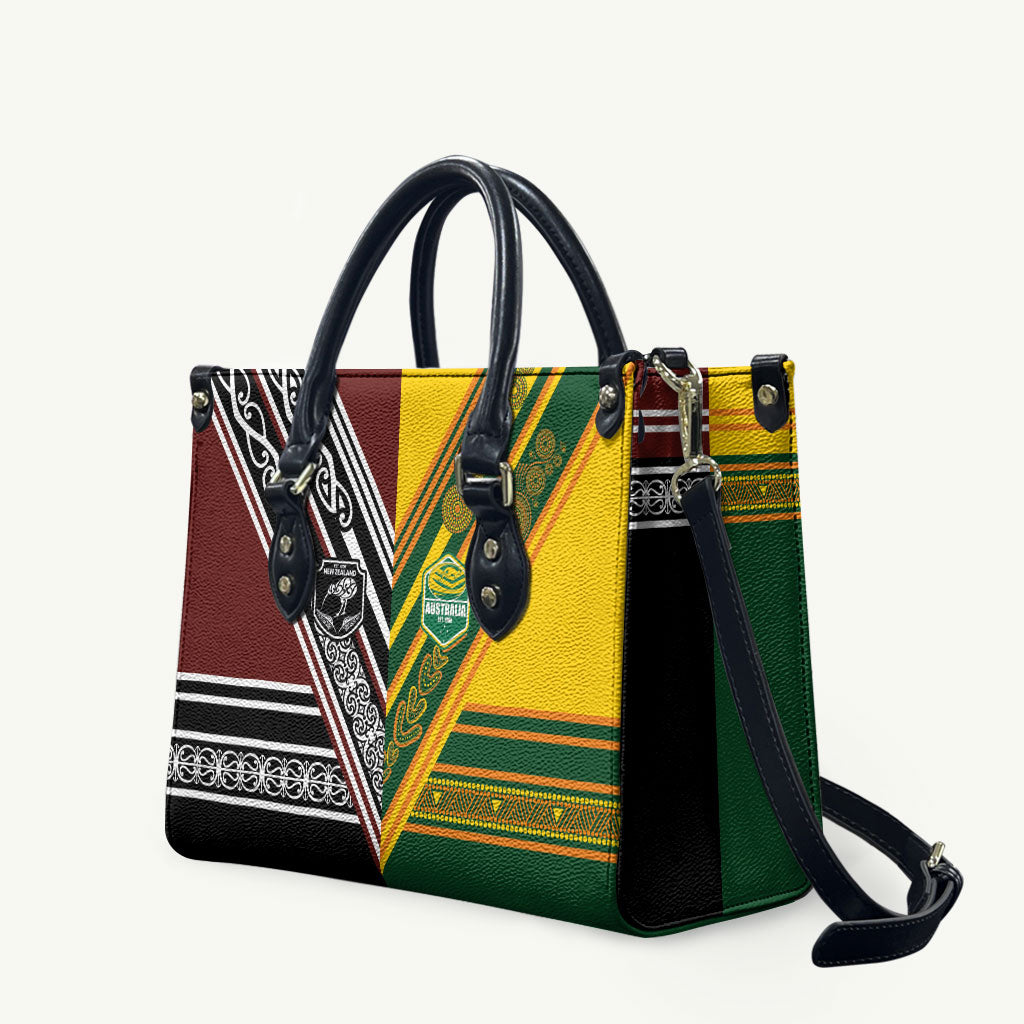 Rugby New Zealand and Australia Leather Bag Burgundy Koru Geometric with Aboriginal Chevron Sport Style